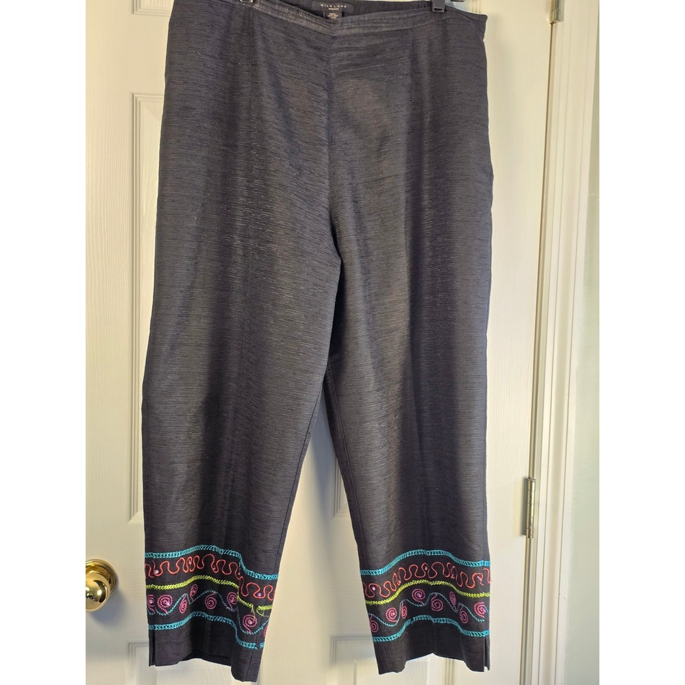 Silkland Woman 100% Silk Embroidered Hem Cropped Pants Charcoal black 18W Sequin